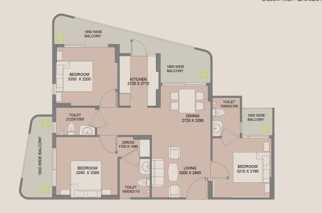 Wal Serenia 3 BHK Type 1 Floor Plan 1250 Sq Ft